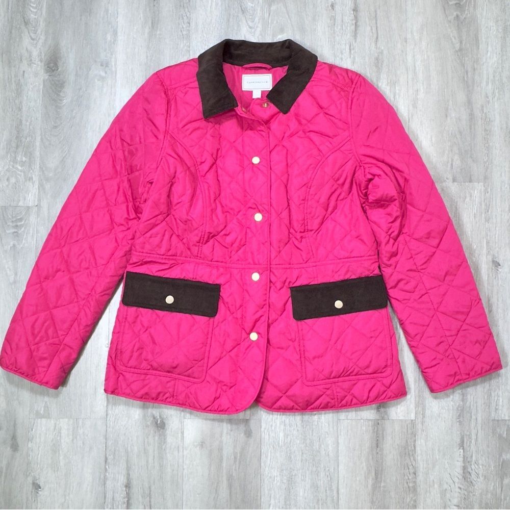 Pink Quilted Jacket with Brown Corduroy Collar Trim M NWT